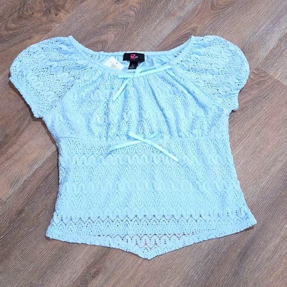 Iz Byer Other - IZ Byer Girl Light Blue Lace Short Sleeve Bow Peplum Top Size L 14 NWT